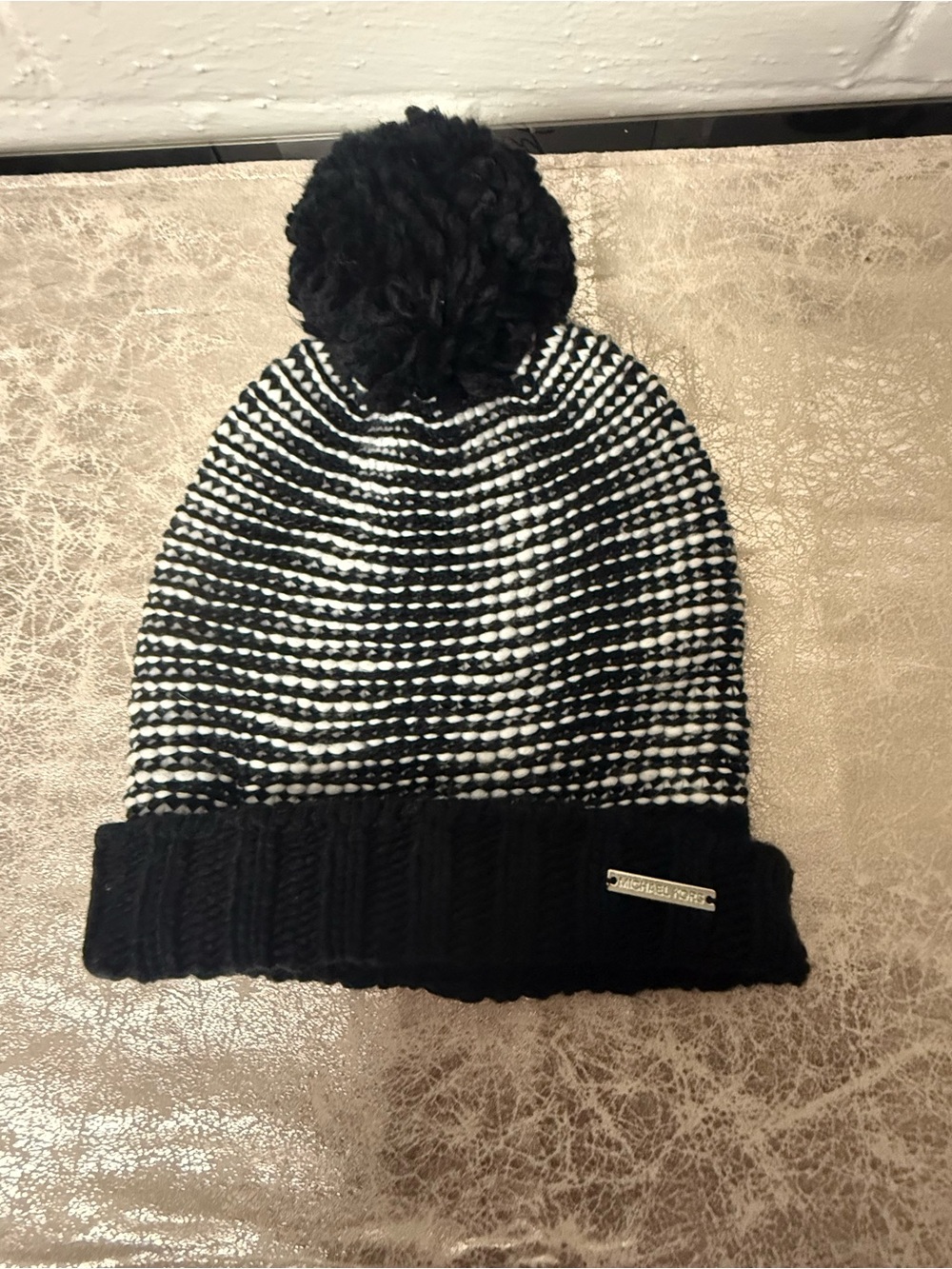 Michael Kors Black & White Pom Pom Beanie Hat